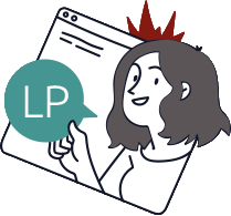 Illustration of a smiling character pointing at a screen with a browser window and a speech bubble with the letters LP on it.